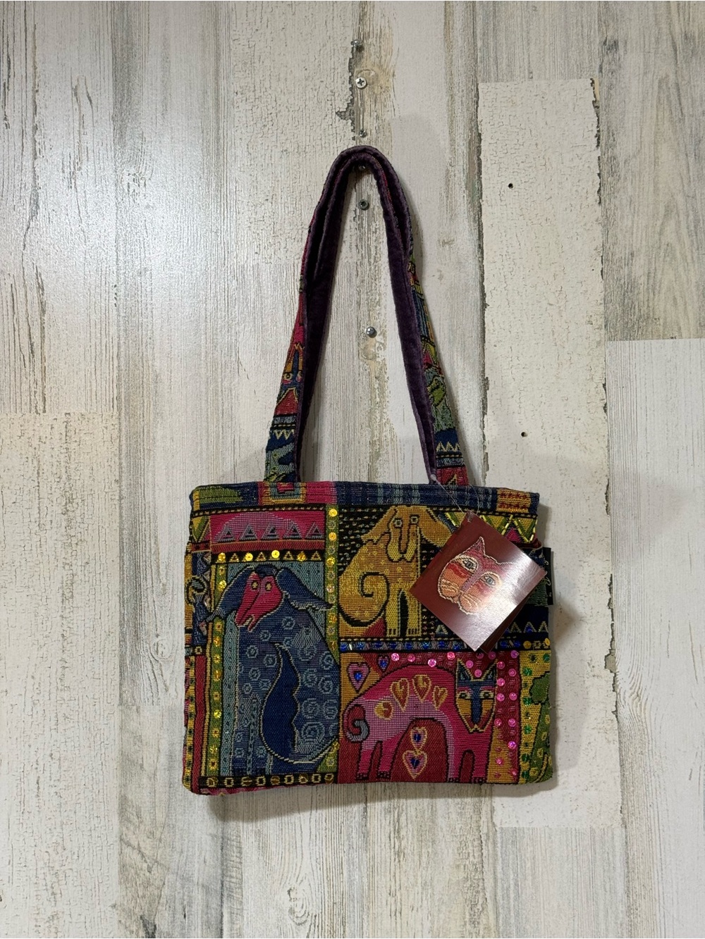 Laurel Burch Multicolor Patchwork Cat Dog Shoulder Bag Studs Purple Velvet Trim